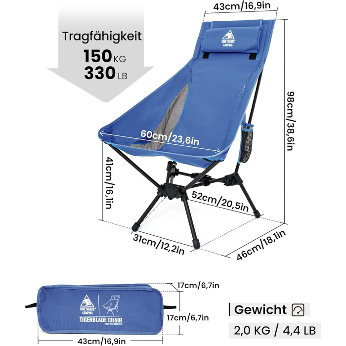 OneTigris TIGERBLADE - Крісло для кемпінгу з високою спинкою, 170 кг, складне, легке, з трикутним каркасом, для риболовлі, з 2 кишенями, для відпочинку на природі, для піших прогулянок (Блакитне)