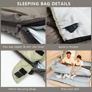 Зимовий спальний мішок BISINNA для 2 дорослих, 3 сезони, для кемпінгу та подорожей на автодомі (4.2 кг), зелений