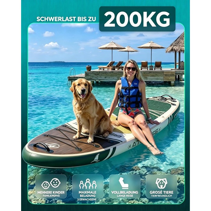 SUP дошка для плавання стоячи з сидінням та аксесуарами, 320x84 см, зелений (Waldgrün-Holz), вантажопідйомність 200 кг, для 2 осіб