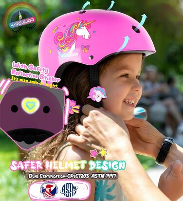 Дитячий шолом Einhorn для дівчаток з наколінниками. Захист для роликів, скейтборду, самокату та велосипеда. Розмір S (3-6 років). Рожевий колір.
