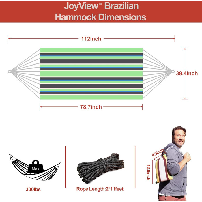 Гамак JoyView бразильський односпальний з мотузками та сумкою, 200x100 см, до 136 кг, зелено-чорний в смужку, для тераси та дому