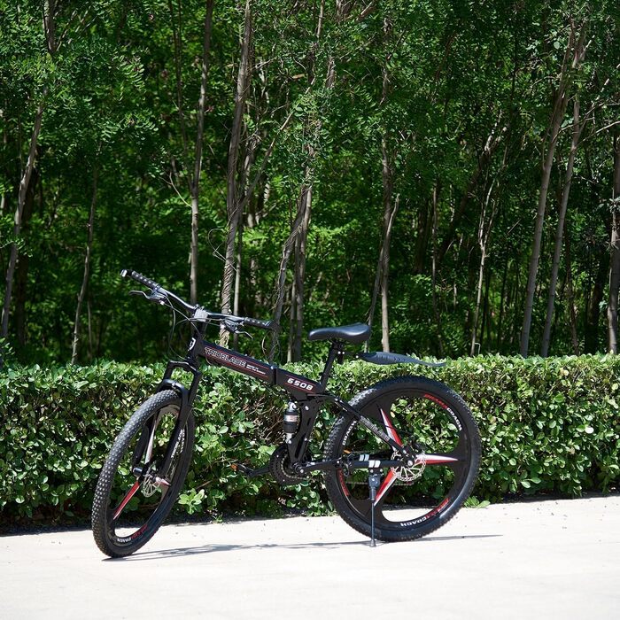 Складаний гірський велосипед MTB 26 дюймів, 21 швидкість Shimano, двоподівесна система, легка рама, спортивний велосипед для дорослих, чорно-червоний