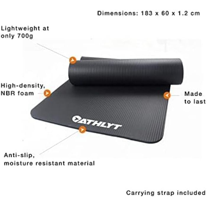 Фітнес килимок Athlyt, чорний, 183 x 60 см, для дому