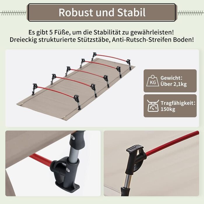 TOMOUNT Легке розкладне ліжко з алюмінію для кемпінгу: компактне, портативне, для відпочинку на природі, у наметі, у подорожах - зелене (хакі)