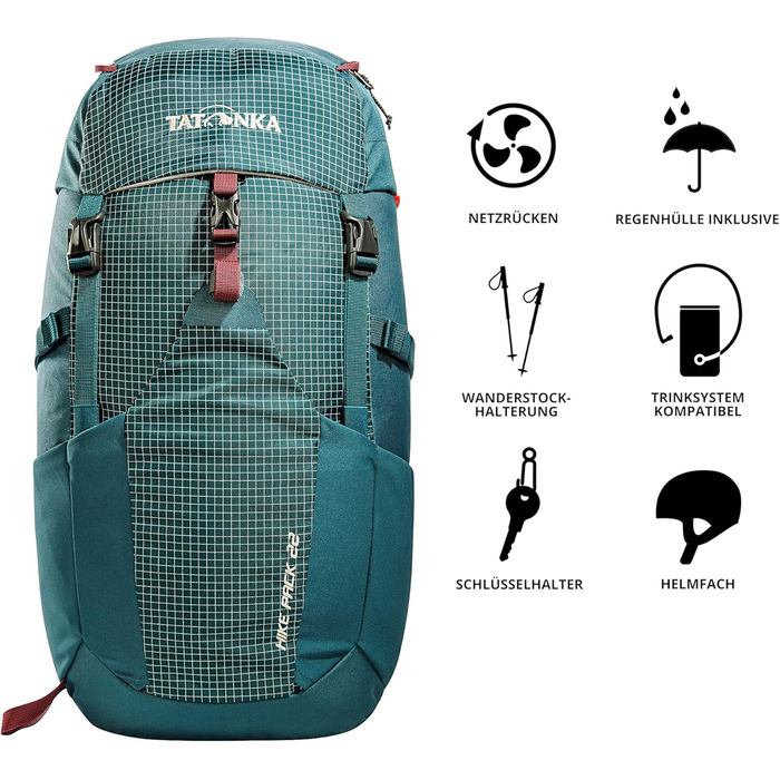 Рюкзак для туризму Tatonka Hike Pack 22 л з вентильованою спинкою та дощовиком, легкий, зручний, зелений