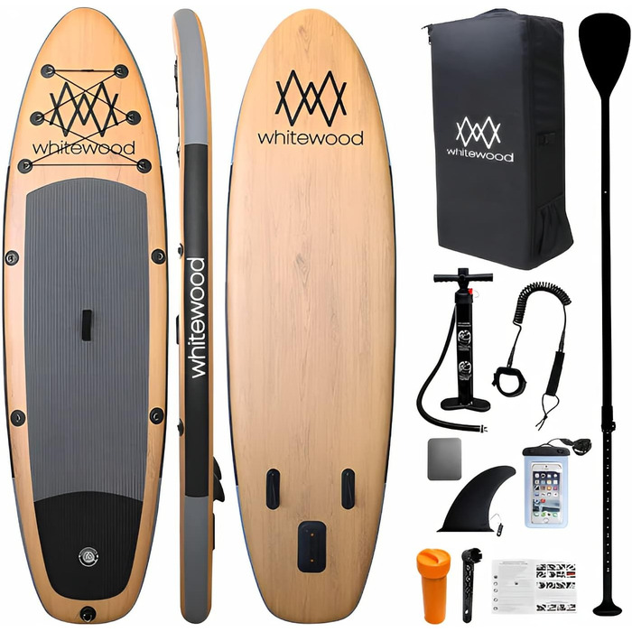Надувна SUP-дошка Whitewood 305-335 см, преміум-дизайн під дерево, вантажопідйомність 180 кг, для 2-3 осіб, з аксесуарами: рюкзак, весло, насос, страховочний ремінь, водонепроникна сумка