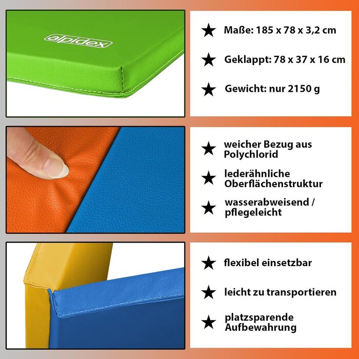 Гімнастичний мат ALPIDEX складаний 185x78x3,2 см, м'який, для дому, дітей та дорослих, кольоровий