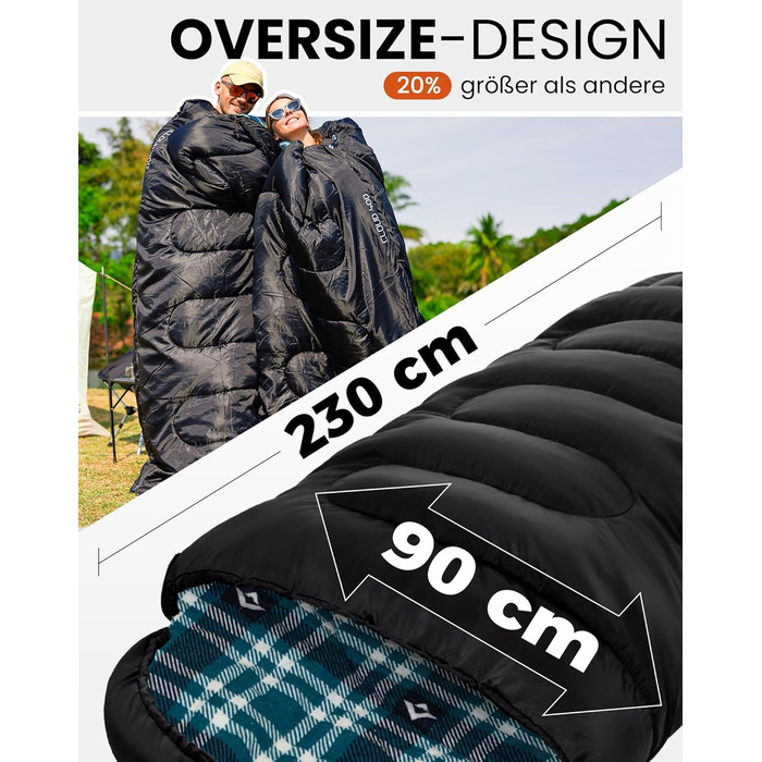 Спальний мішок KingCamp Flannel для дорослих, 3-4 сезони, ультралегкий, бавовна, теплий, ковдровий, водонепроникний, для кемпінгу, чорний, L, блискавка