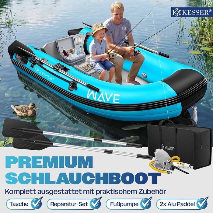 Надувний човен KESSER Wave 230-320 см (6 елементів): човен, лавка, насос, весла, ремкомплект, сумка. Можливість встановлення мотора, для солоної води.