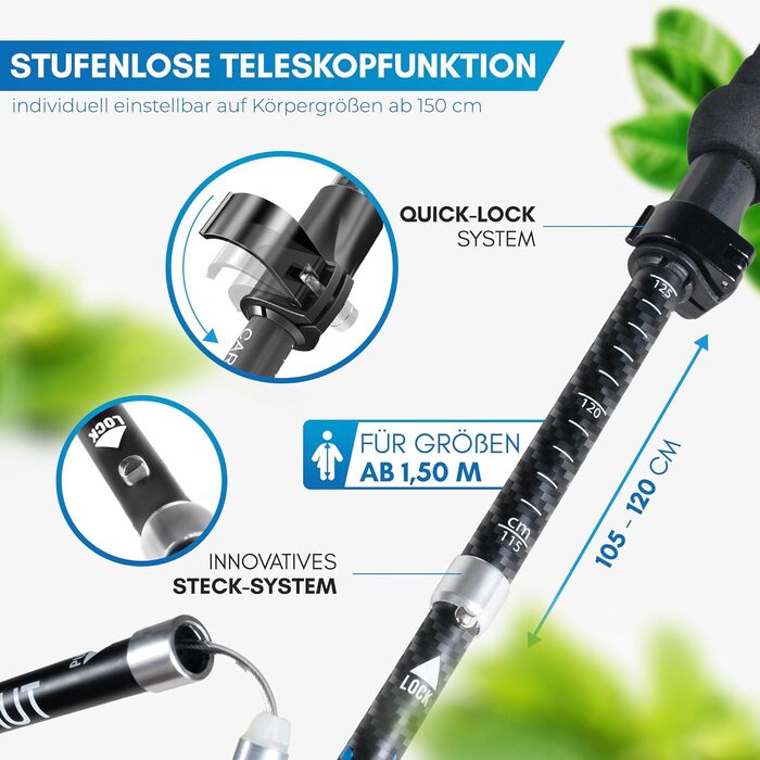 Складні трекінгові палиці NORDMUT® з карбону або алюмінію - регульована висота 1,50м/1,65м - ергономічні ручки, компактні, міцні