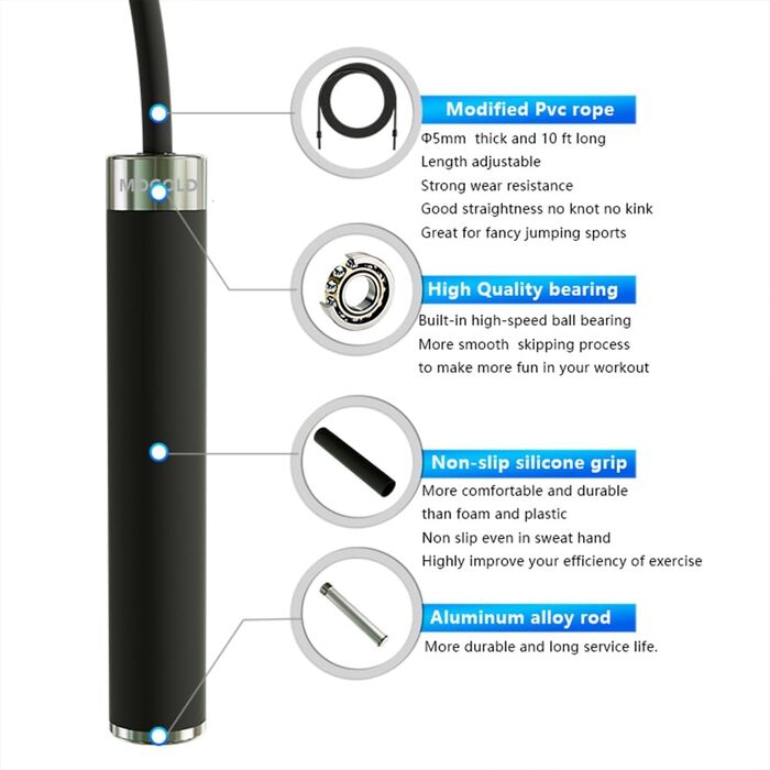 Стрибкове канат MOGOLD з регулюванням – 5 мм PVC-шнур з підшипниками, неслизькі гумові ручки та ручки з металу для початківців, для схуднення та фітнесу вдома, в школі, чорний