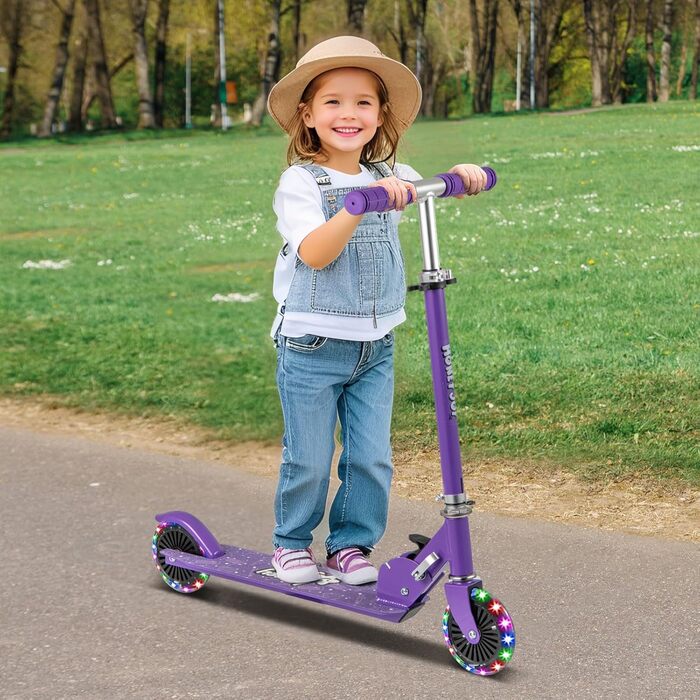 Самокат дитячий Kinder Scooter з LED-колесами, алюмінієвий, складаний, 3 регульовані висоти, до 50 кг, фіолетовий, зі стійкою та ременем безпеки