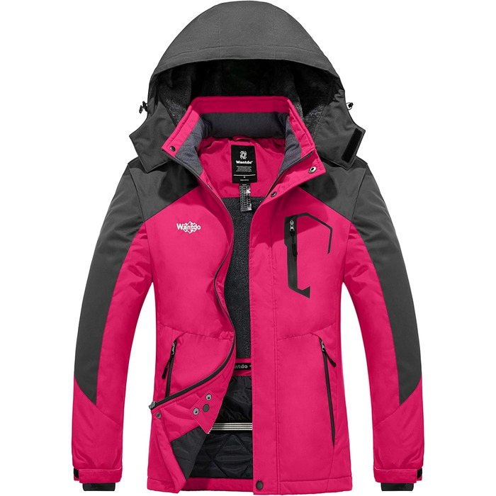 Жіноча куртка Wantdo для гірського хайкінгу та походів, водонепроникна вітрозахисна куртка-вітрівка з капюшоном, тепла з підкладкою, рожево-рожевий колір, розмір M