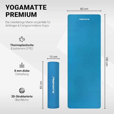 Гімнастичний килимок MSPORTS Premium 183x61x0,8 см, йога-мат, нековзний, без фталатів, синій, з плакатом вправ