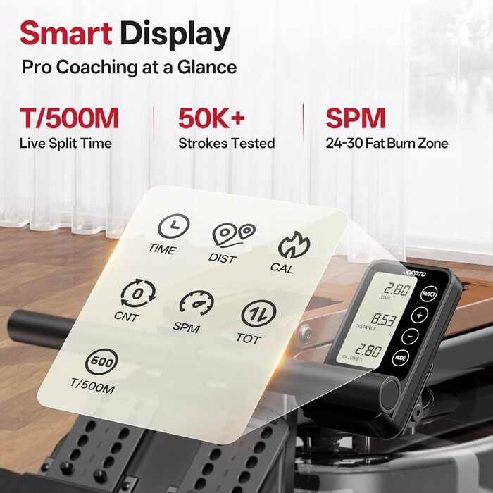 Гребний тренажер JOROTO для дому, дерев'яний, складаний | Bluetooth, сумісність з Kinomap | Макс. вага 150 кг, 16 л резервуар для води