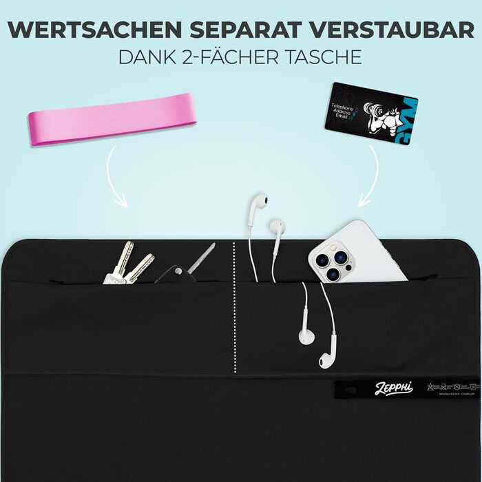 Рушник для фітнесу Zepphi: великий (120x50 см) + маленький (80x30 см) | Мікрофібра, кишеня на блискавці | Швидковисихаючий, для спортзалу та тренувань (Чорний)