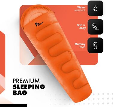 Спальний мішок Azark Premium, 350 г/м², легкий та водонепроникний, 4 сезони, для кемпінгу, піших прогулянок та відпочинку на природі, для дорослих та дітей, помаранчевий