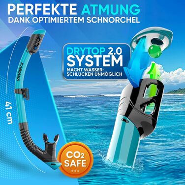 Комплект для снорклінгу Kaimana AquaVision Elite, маска та трубка для дорослих, чорно-бірюзовий колір, з сумкою