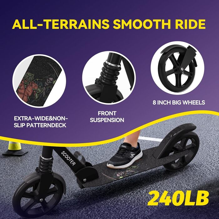 Nattork Kick Scooter з міцними колесами для підлітків та дорослих - чорний, вантажопідйомність 100 кг, амортизатор та регульоване кермо