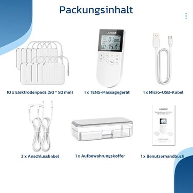 Пристрій TENS EMS Liorque для терапії болю: 3-в-1, 50 режимів, 10 електродів, стимуляція м'язів для рук, ніг, спини, плечей (білий)