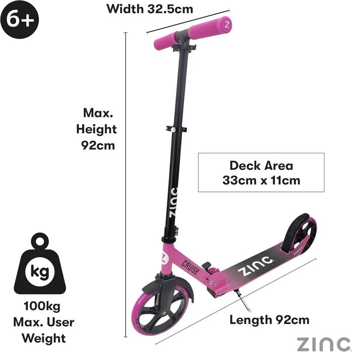 Самокат дитячий Zinc Big Wheel Pink/Black для дітей від 6 років, складаний, колеса 200мм, гальмо, до 100 кг