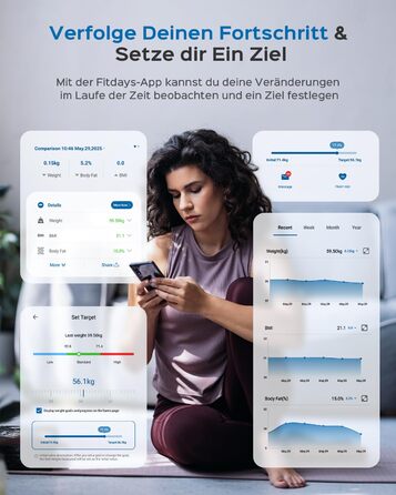 Ваги підлогові цифрові 8-в-1 Bluetooth Personenwaage: аналіз тіла, BMI, відсоток жиру, пульс, iOS/Android, до 180 кг