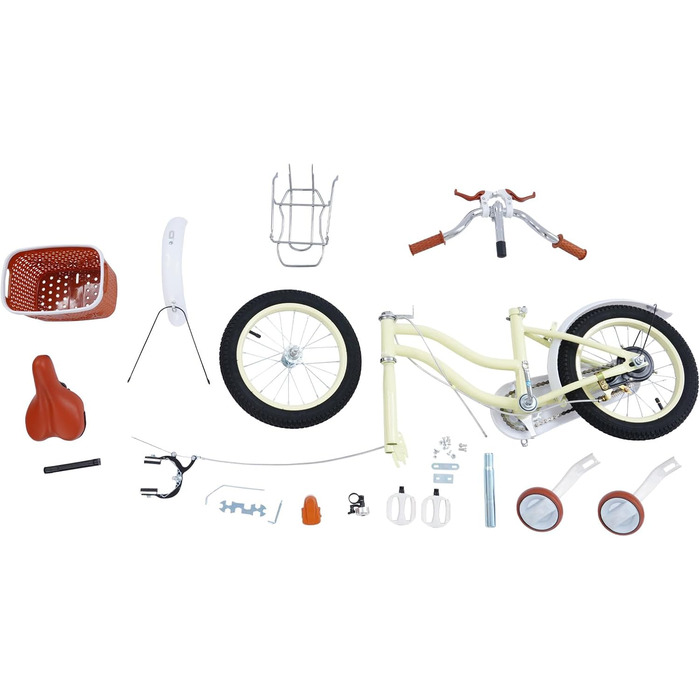 Дитячий велосипед 14 дюймів у стилі ретро з додатковими колесами, заднім сидінням та кошиком, регульована висота, для дітей 3-7 років, бежевий