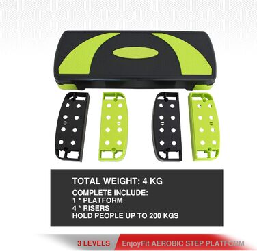 Аеробічний степ-платформа EnjoyFit XL преміум, 3-рівнева висота, 78x30x10/15/20 см, зелено-чорна