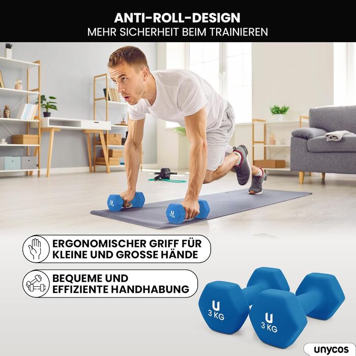Гантелі неопренові UNYCOS 2 шт. 1-10 кг, короткі, антиковзаючі, для фітнесу, силових тренувань, пілатесу, дому. Набір 1 кг, 2 кг, 3 кг.