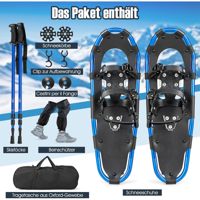 Снігоступи COSTWAY з підйомником, розмір 38-45, подвійна фіксація, алюмінієвий каркас, трекінгові палиці, мішок, гетри, для чоловіків та жінок, 63 см, темно-синій