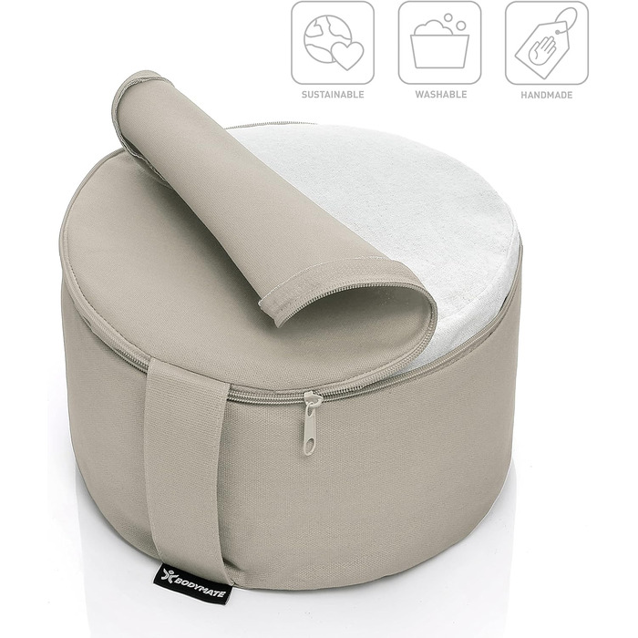 Подушка для йоги та медитації BODYMATE кругла 31 см, сіра - з гречаним лушпинням, бавовняний чохол, 16 см