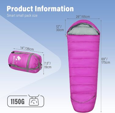 Сплячий мішок для дітей REDCAMP 175x65 см, рожевий. Теплий, зручний, регульований, для кемпінгу та відпочинку на природі. 3-сезонний