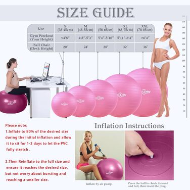 Гімнастичний м'яч великий з захистом від вибуху, офісний фітнес-м'яч, ергономічна підтримка 1000 кг, м'яч для фітнесу, йоги, балансування (рожевий, M(48-55 см))