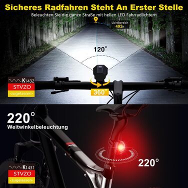 Набір велосипедних ліхтарів LED, STVZO, водонепроникні, USB-зарядка, передній та задній ліхтарі