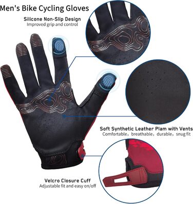 Велосипедні рукавички для чоловіків та жінок, сенсорні, дихаючі, легкі, для шосейних велосипедів, Outdoor-спорт, будівництво (M, Червоний)
