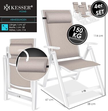 Крісло садове KESSER® з високою спинкою та підлокітниками, розкладне, алюмінієве, з подушкою та чохлом. Регулювання спинки 7 положень, дихаючий матеріал, стійке до погодних умов. 1 шт. (4 шт, бежевий)