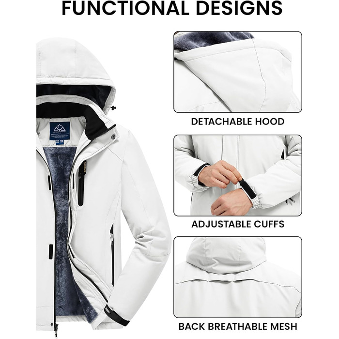 Спортивна куртка Rdruko для чоловіків: тепла зимова куртка, сноубордистська куртка з флісовою підкладкою, водонепроникна функціональна куртка для активного відпочинку та походів з капюшоном, колір білий