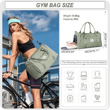 Спортивна сумка HYC00 для жінок та чоловіків, дорожня сумка-вояджер, Gym bag, сумка для плавання, йоги, тренувань, з відділенням для мокрого одягу та взуття, армійний зелений