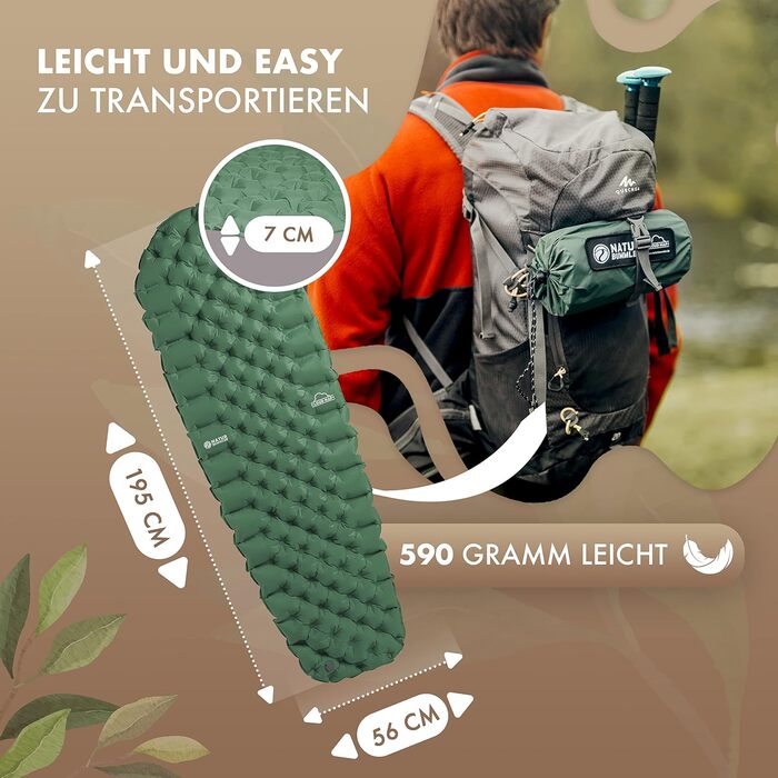 Килимок туристичний надувний NaturBummler® Cloud Nap+ (195x56 см) – для кемпінгу, трекінгу, фестивалів. Легкий, водонепроникний, компактний, зелений.
