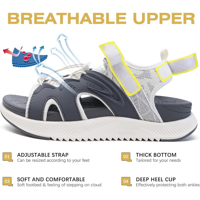 ONCAI Легкі сандалі для жінок, спортивні трекінгові сандалі з підтримкою стопи та ортопедичною устілкою для Plantar Fasciitis, регульовані ремінці, розміри 36-43 (43 EU, сірий та білий)
