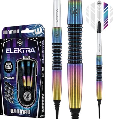 Дротики для дартсу WINMAU Elektra 18 г вольфрамові Softip, професійний набір з оперенням та стрижнями
