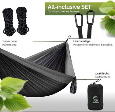 Гамак для кемпінгу на 2 особи, ультралегкий, з преміум-петлями та карабінами, блакитно-жовтий. В комплекті великий набір для підвішування (чорно-сірий, з мотузками)