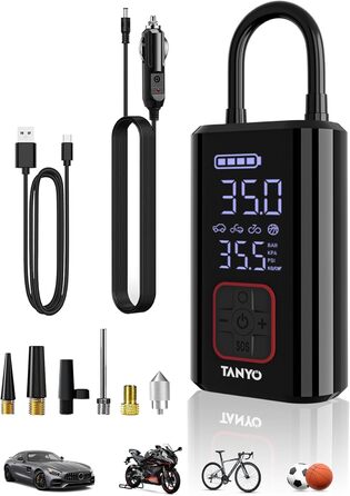 Електричний акумуляторний компресор TANYO 150PSI для авто, велосипедів, мотоциклів і м'ячів, з цифровим манометром і LED підсвічуванням, портативний насос 12В