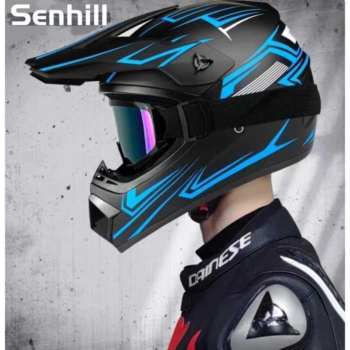 Мотошолом Motocross, повний, унісекс, для катання на велосипеді, мотоциклі, з окулярами, маскою та рукавичками, небесно-блакитний, L