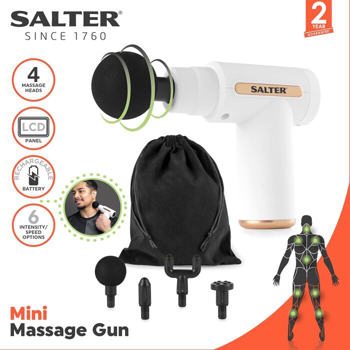 Масажний пістолет Salter Mini EE7427, 4 насадки, LCD, 6 швидкостей, акумуляторний, USB, глибокий масаж, білий