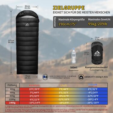 Спальний мішок зимовий Daunenschlafsack, теплий та легкий для дорослих та дітей, 680FP, для походів, альпінізму, кемпінгу. Чорний 0°C (-10°C)