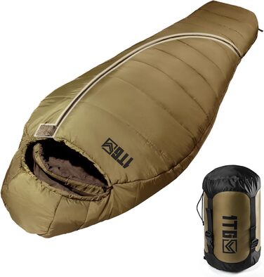 Тактичний спальний мішок 4 сезони 1TG Ranger Green/Coyote Brown, для дорослих, компактний та теплий, для кемпінгу, трекінгу, подорожей (до 185 см)