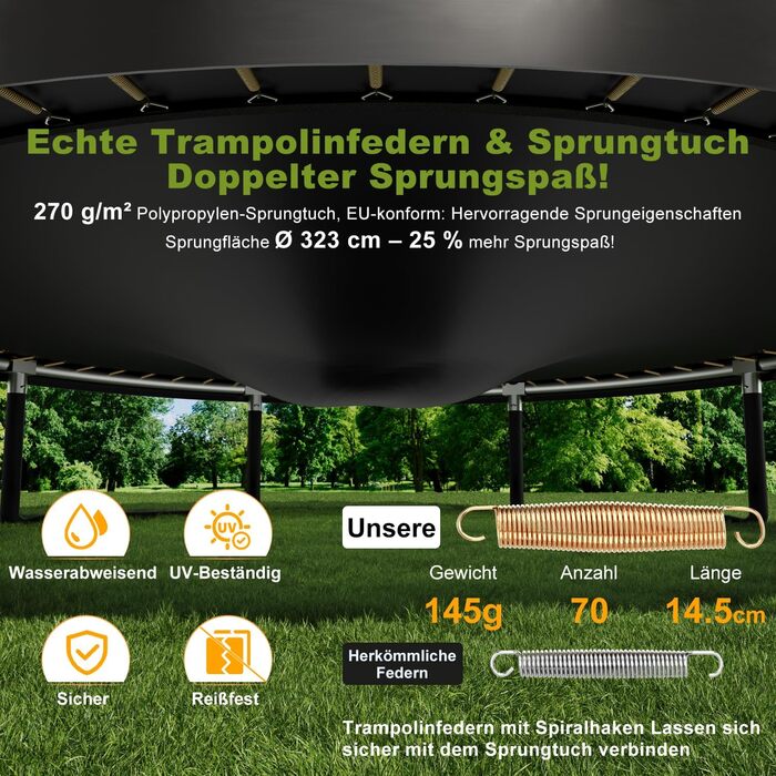 Трамплін Devoko Outdoor Ø 228/305/366/427 см з сіткою безпеки, сходами та мішком для взуття. Сертифікат TÜV Rheinland GS. Трамплін для саду, великий круглий батут для дітей.