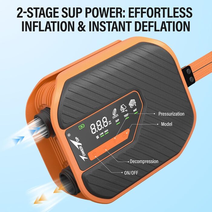 Електричний насос для SUP TowerTop 10.500 mAh, 50 PSI з вентилятором охолодження та LCD-дисплеєм – для надувних дощок