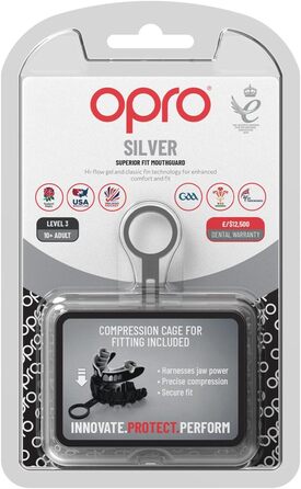 Захисна капа OPRO Silver для дорослих і дітей, чорна/срібляста, з футляром, для хокею, лакросу, регбі, ММА, боксу та BJJ, з інноваційною технологією підгонки